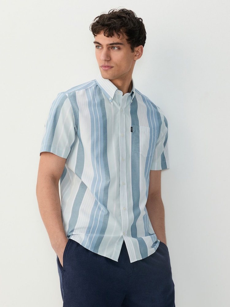 Light Blue/Denim Blue Short Sleeve With Button Down Collar Stripe Easy Iron Oxford Shirt - Image 1 of 8 Light Blue/Denim Blue Short Sleeve With Button Down Collar Stripe Easy Iron Oxford Shirt - Image 1 of 8