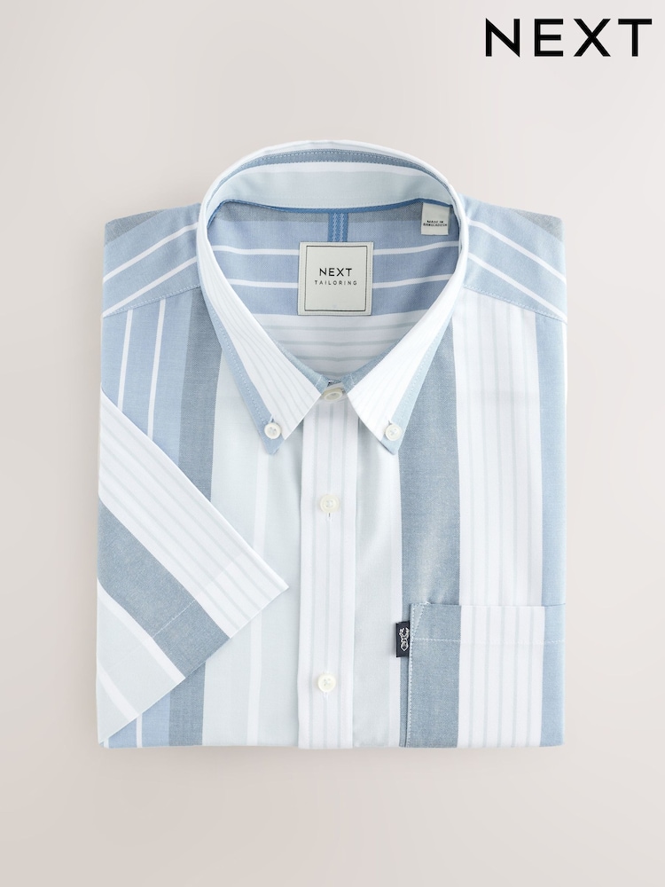 Light Blue/Denim Blue Short Sleeve With Button Down Collar Stripe Easy Iron Oxford Shirt - Image 10 of 10