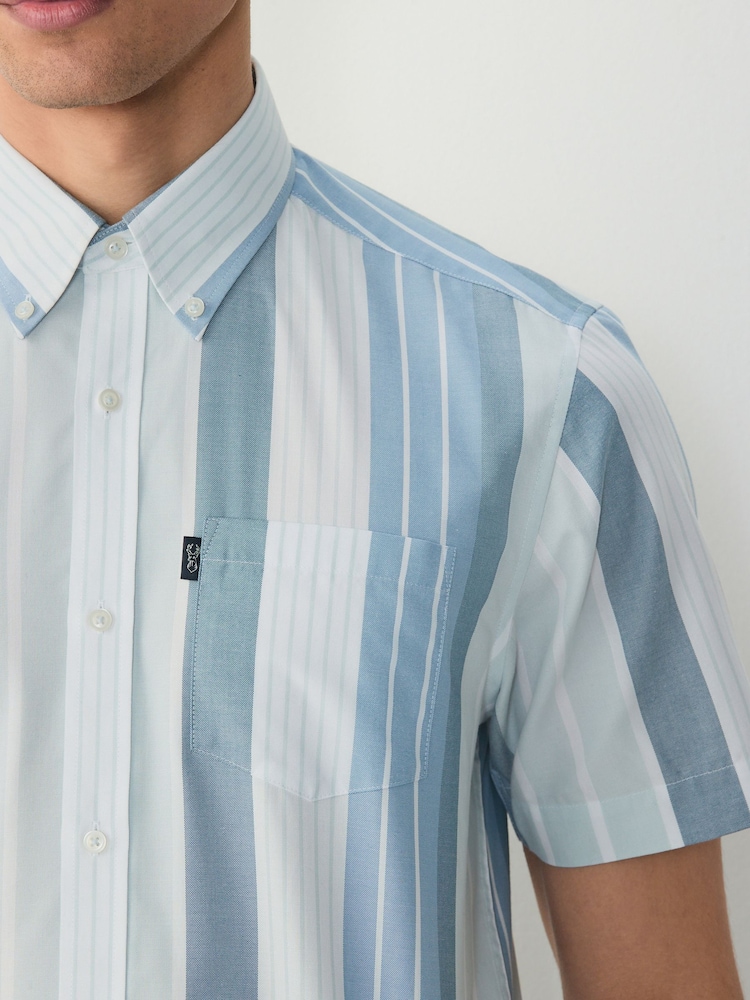 Light Blue/Denim Blue Short Sleeve With Button Down Collar Stripe Easy Iron Oxford Shirt - Image 4 of 8