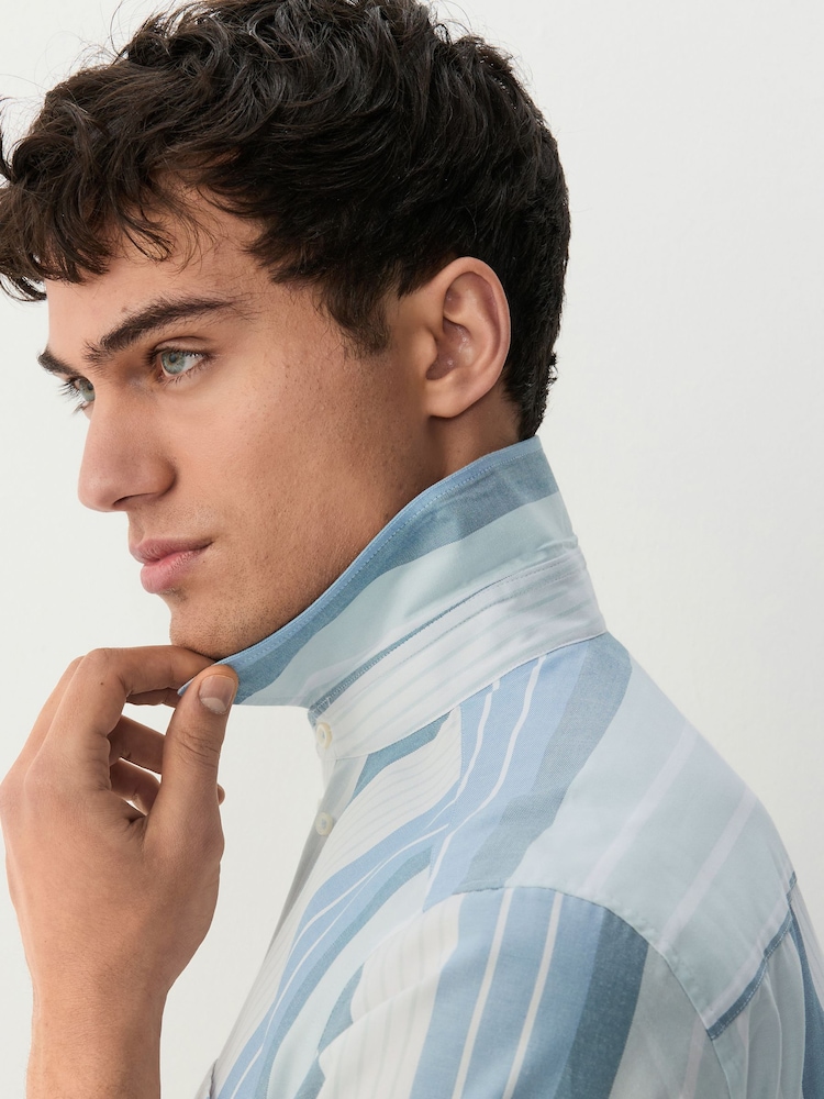 Light Blue/Denim Blue Short Sleeve With Button Down Collar Stripe Easy Iron Oxford Shirt - Image 5 of 8
