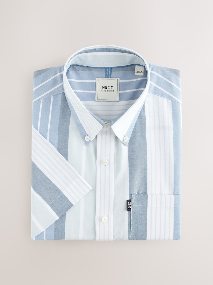Light Blue/Denim Blue Short Sleeve With Button Down Collar Stripe Easy Iron Oxford Shirt - Image 6 of 8