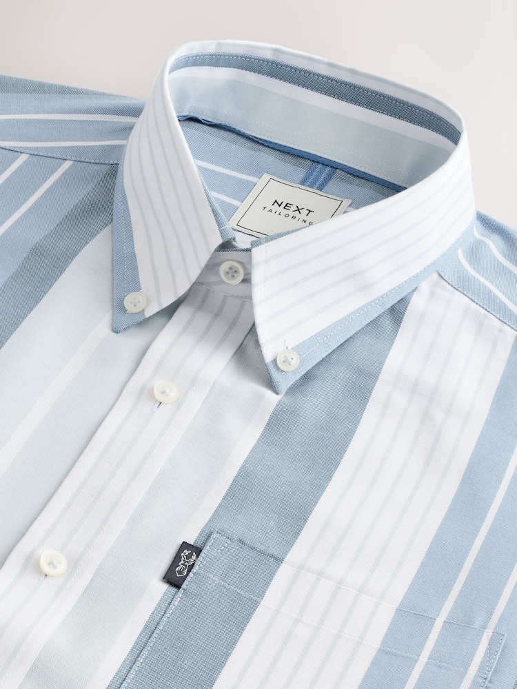 Light Blue/Denim Blue Short Sleeve With Button Down Collar Stripe Easy Iron Oxford Shirt - Image 7 of 8