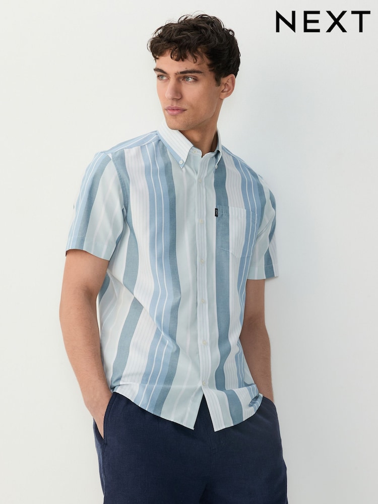 Buy Light Blue/Denim Blue Short Sleeve With Button Down Collar