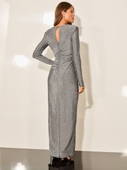 Lipsy Silver Metallic Ruched Side Split Maxi Dress - Image 4 of 4