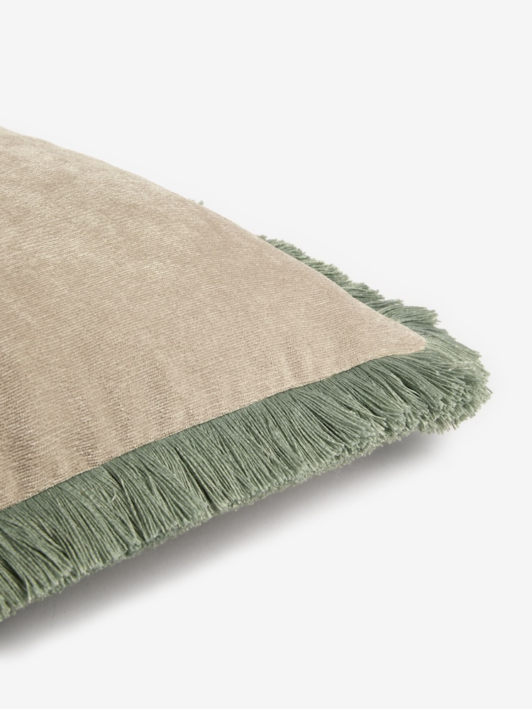 Stone/Green Soft Velour Contrast Fringe 45 x 45cm Cushion - Image 4 of 4