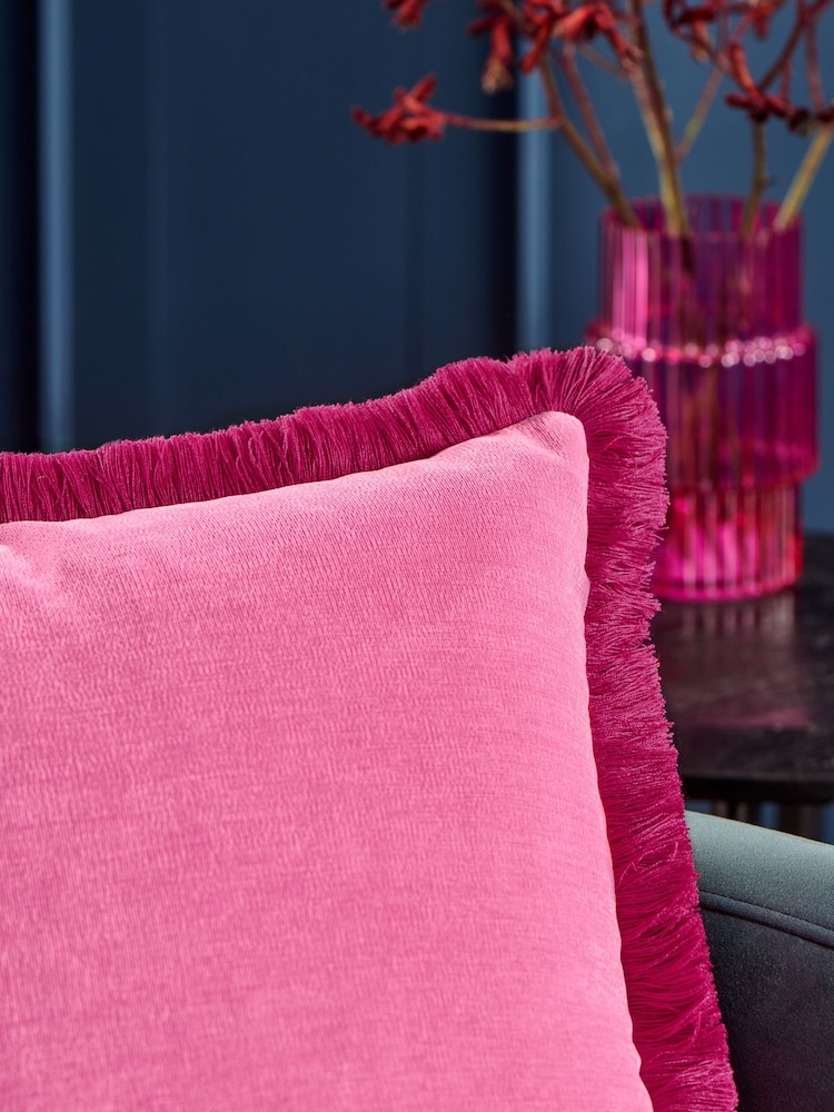 Fushsia Pink Soft Velour Contrast Fringe 45 x 45cm Cushion - Image 2 of 4