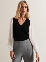 Phase Eight Black Maple V-Neck Woven Sleeve Jumper - Image 1 of 6