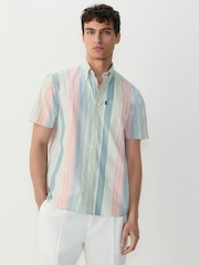 Blue/Pink/Green Pastel Short Sleeve With Button Down Collar Stripe Easy Iron Oxford Shirt - Image 1 of 8