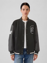 Gap Black Wool Blend Logo Varsity Boyfriend Bomber Jacket - Image 1 of 7