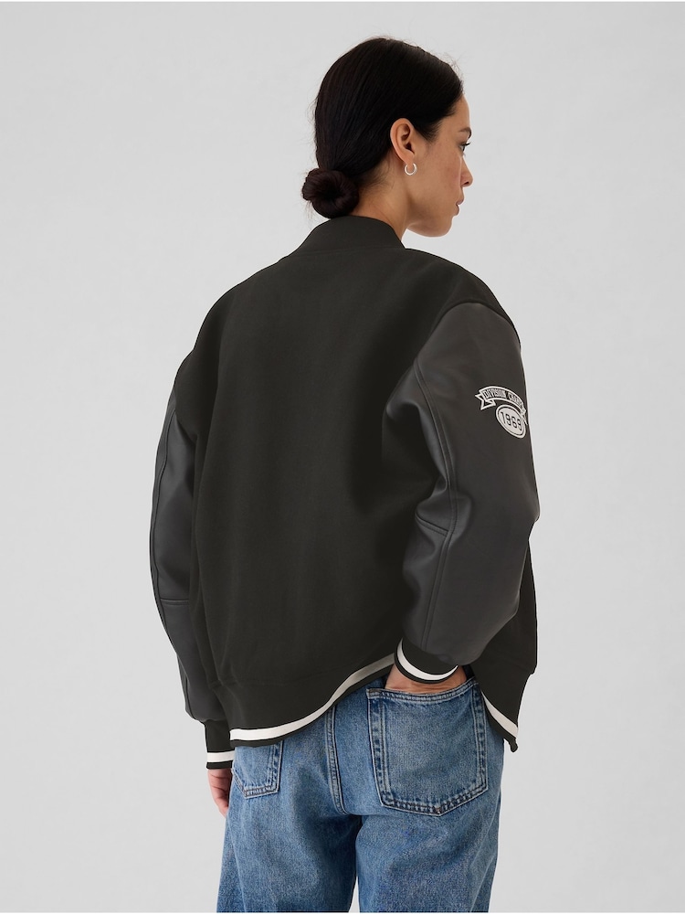 Gap Black Wool Blend Logo Varsity Boyfriend Bomber Jacket - Image 2 of 7