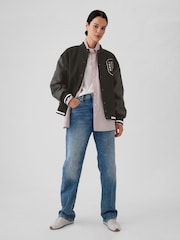Gap Black Wool Blend Logo Varsity Boyfriend Bomber Jacket - Image 3 of 7