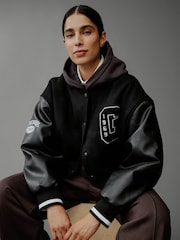 Gap Black Wool Blend Logo Varsity Boyfriend Bomber Jacket - Image 5 of 7