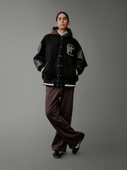 Gap Black Wool Blend Logo Varsity Boyfriend Bomber Jacket - Image 6 of 7