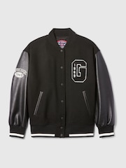 Gap Black Wool Blend Logo Varsity Boyfriend Bomber Jacket - Image 7 of 7