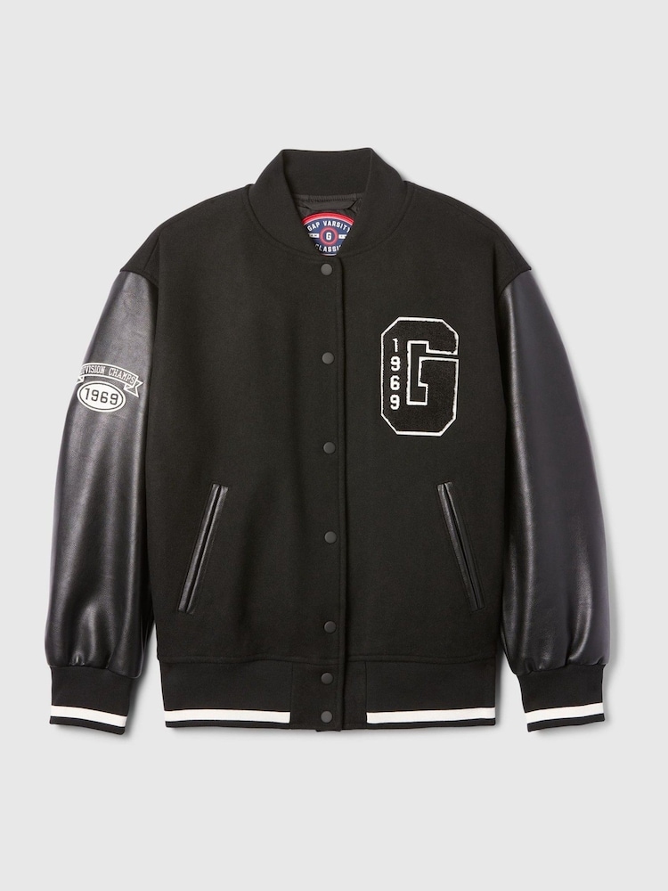 Gap Black Wool Blend Logo Varsity Boyfriend Bomber Jacket - Image 7 of 7