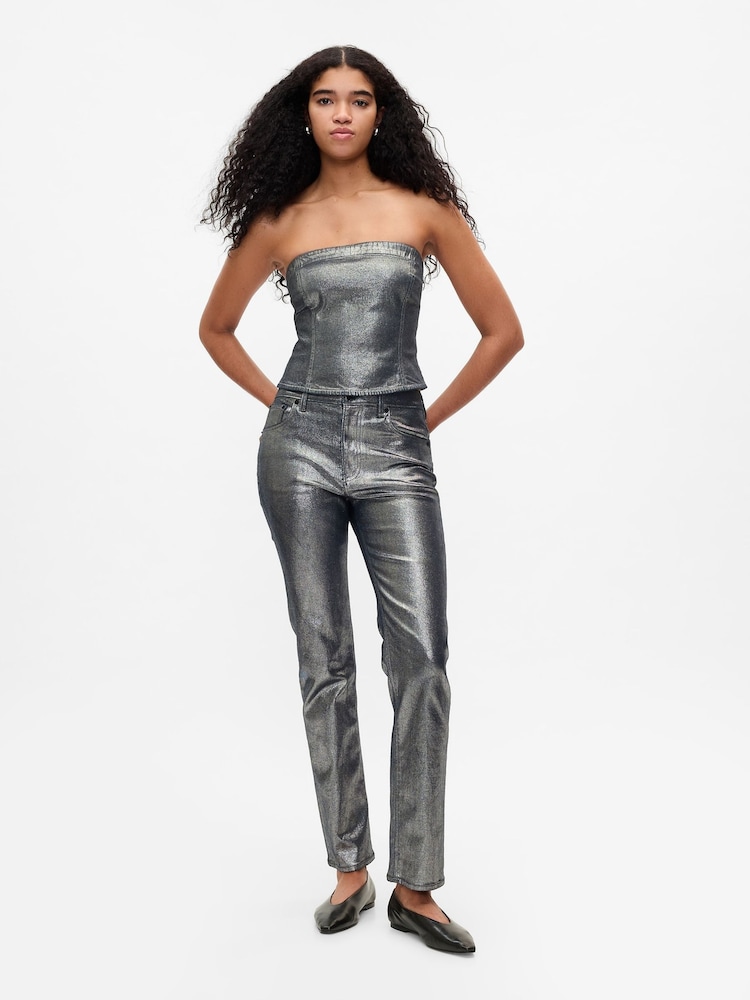 Gap Silver High Waisted Metallic 90s Straight Jeans - Image 1 of 6 Gap Silver High Waisted Metallic 90s Straight Jeans - Image 1 of 6