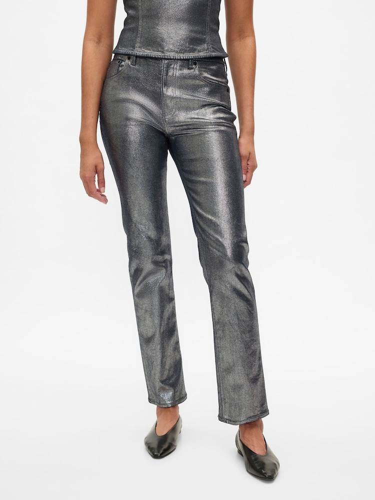 Gap Silver High Waisted Metallic 90s Straight Jeans - Image 2 of 6 Gap Silver High Waisted Metallic 90s Straight Jeans - Image 2 of 6