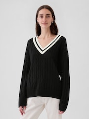 Gap Black Varsity Cable Knit CashSoft Jumper - Image 1 of 5