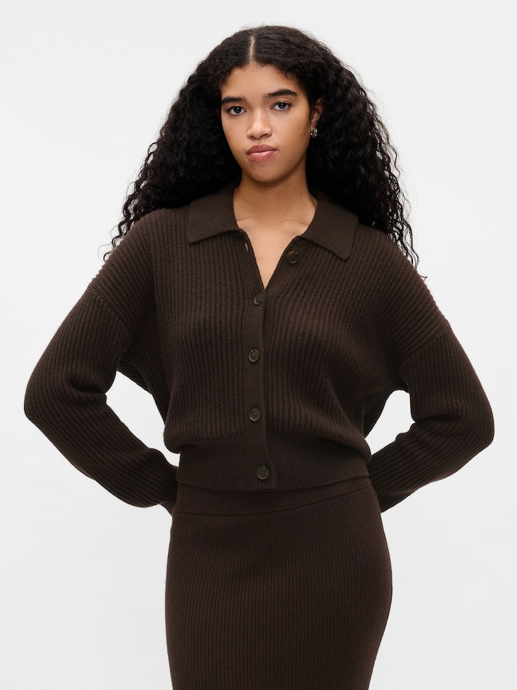 Gap Brown CashSoft Long Sleeve Ribbed Collar Cardigan - Image 1 of 5 Gap Brown CashSoft Long Sleeve Ribbed Collar Cardigan - Image 1 of 5