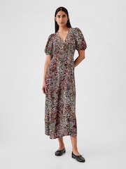 Gap Black Floral Puff Sleeve Midi Dress - Image 1 of 5