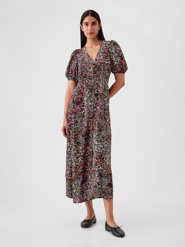 Gap Black Floral Puff Sleeve Midi Dress - Image 1 of 5