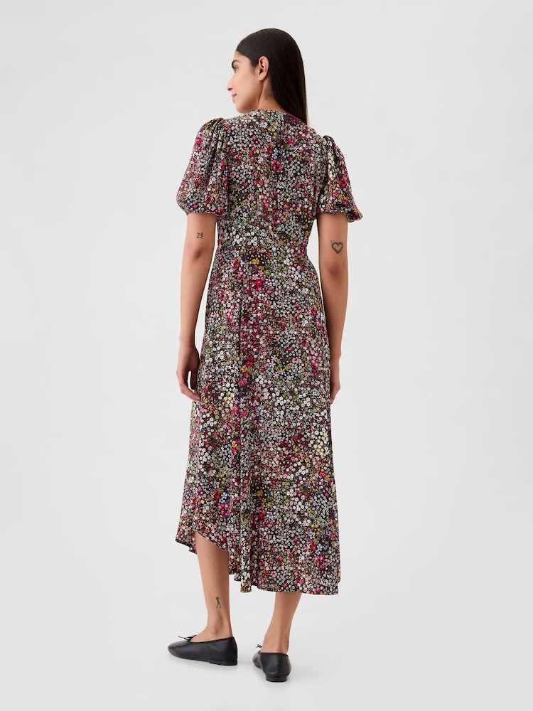 Gap Black Floral Puff Sleeve Midi Dress - Image 2 of 5