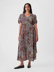 Gap Black Floral Puff Sleeve Midi Dress - Image 3 of 5