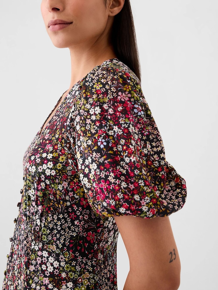 Gap Black Floral Puff Sleeve Midi Dress - Image 5 of 5