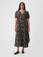 Gap Black/White Floral Puff Sleeve Midi Dress - Image 1 of 5