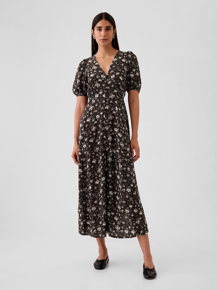Gap Black/White Floral Puff Sleeve Midi Dress - Image 2 of 5