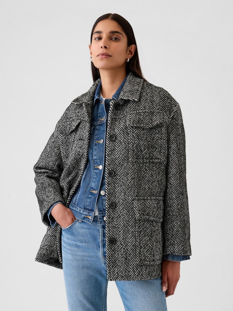 Gap Black Herringbone Belted Utility Jacket - Image 1 of 5