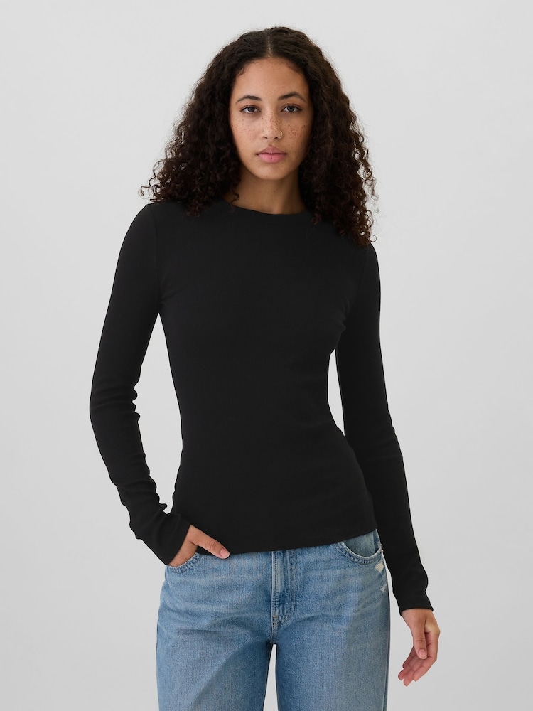 Schwarz - Gap Geripptes Langarm T-Shirt mit Rundhalsausschnitt - Bild 1 von 5 Schwarz - Gap Geripptes Langarm T-Shirt mit Rundhalsausschnitt - Bild 1 von 5