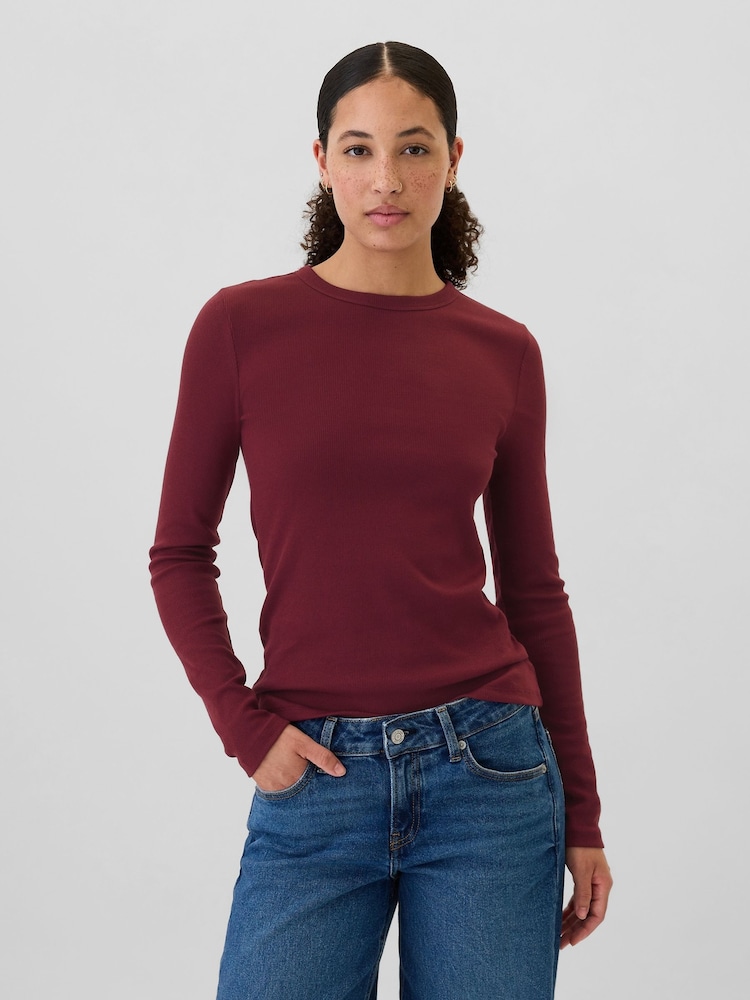 Gap Burgundy Red Ribbed Long Sleeve Crew Neck T-Shirt - Image 1 of 5