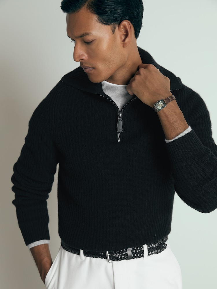 Reiss Black Santo Atelier Ribbed-Cashmere Funnel-Neck Jumper - Image 1 of 6 Reiss Black Santo Atelier Ribbed-Cashmere Funnel-Neck Jumper - Image 1 of 6