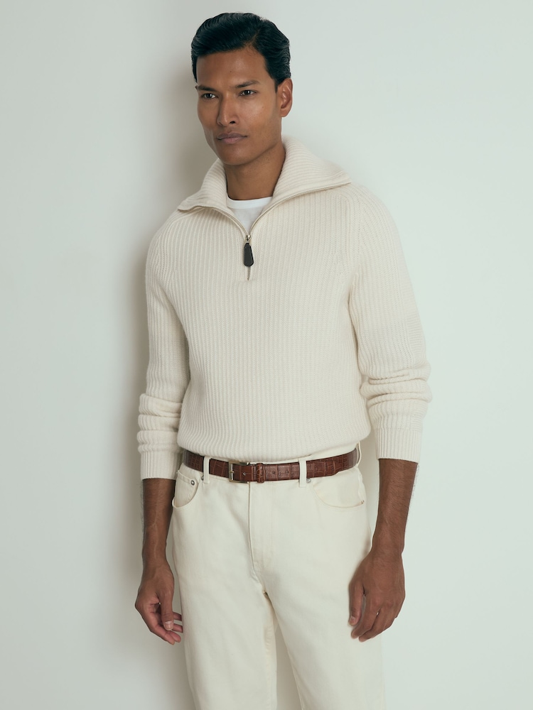 Reiss White Santo Atelier Ribbed-Cashmere Funnel-Neck Jumper - Image 1 of 7 Reiss White Santo Atelier Ribbed-Cashmere Funnel-Neck Jumper - Image 1 of 7