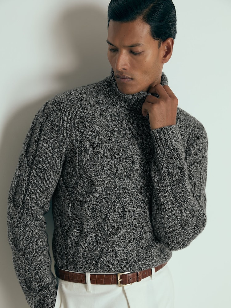 Reiss Black/White Richards Atelier Cabled-Cashmere Roll-Neck Jumper - Image 1 of 6 Reiss Black/White Richards Atelier Cabled-Cashmere Roll-Neck Jumper - Image 1 of 6