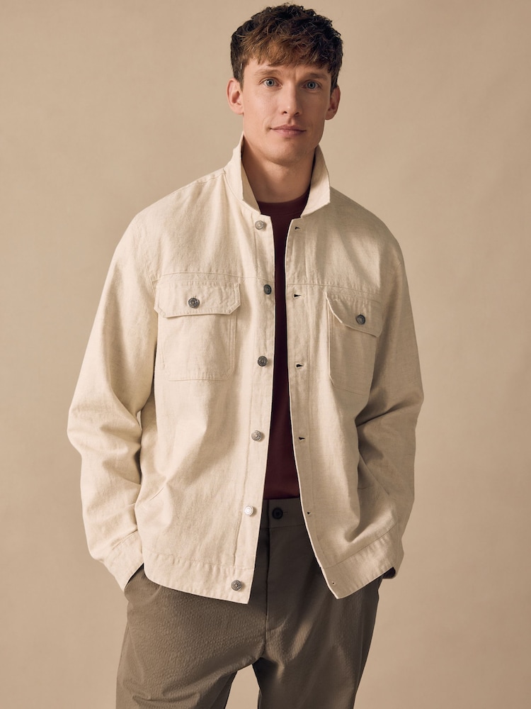 Neutral Cotton Linen Blend Lightweight Shacket - Image 4 of 7
