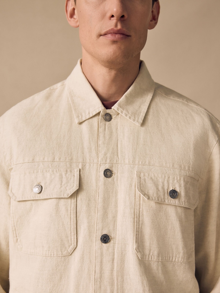 Neutral Cotton Linen Blend Lightweight Shacket - Image 5 of 7