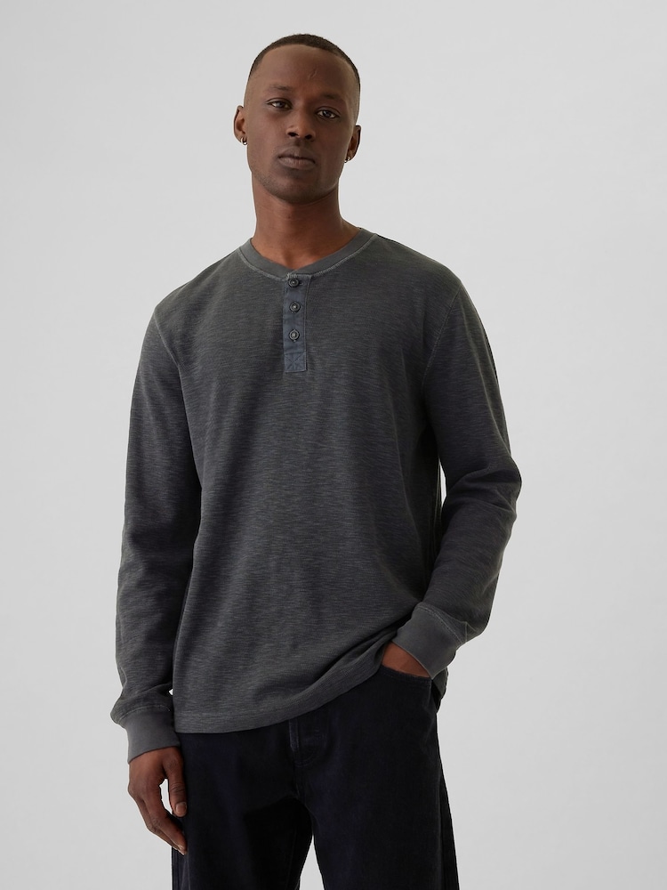Gap Black Waffle 100% Cotton Henley T-Shirt - Image 1 of 5