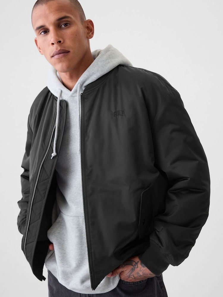 Gap Black Relaxed Logo Bomber Jacket - Image 1 of 5 Gap Black Relaxed Logo Bomber Jacket - Image 1 of 5
