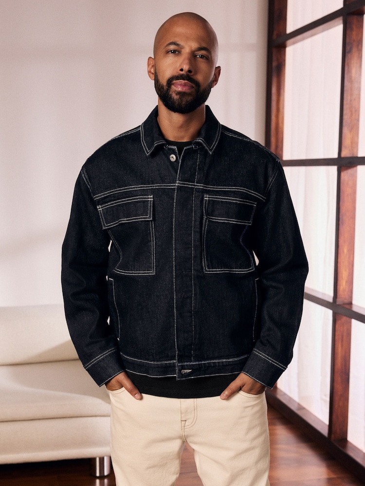 Black Contrast Stitched Denim Jacket - Image 1 of 10