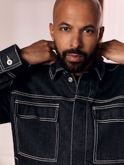 Black Contrast Stitched Denim Jacket - Image 5 of 10