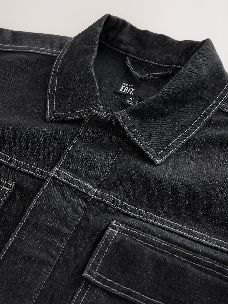 Noir - Veste en jean à surpiqûres contrastantes - Image 8 of 10