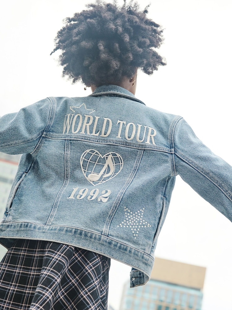 Abercrombie & Fitch Blue Varsity Oversized Denim Bomber Jacket - Image 2 of 6 Abercrombie & Fitch Blue Varsity Oversized Denim Bomber Jacket - Image 2 of 6