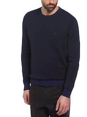 Original Penguin Blue Jacquard Tonal Stripe Crew Neck 100% Cotton Sweater - Image 1 of 4
