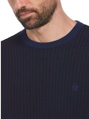Original Penguin Blue Jacquard Tonal Stripe Crew Neck 100% Cotton Sweater - Image 3 of 4