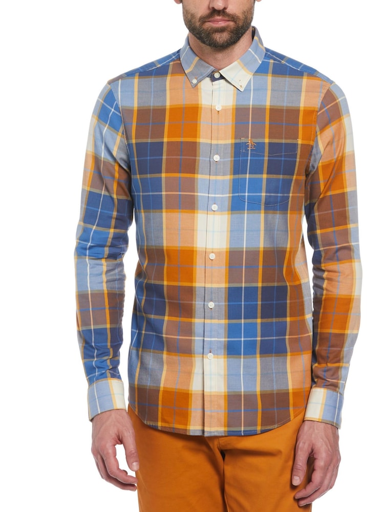 Original Penguin Plaid Cotton Blend Stretch Brown Shirt - Image 1 of 4