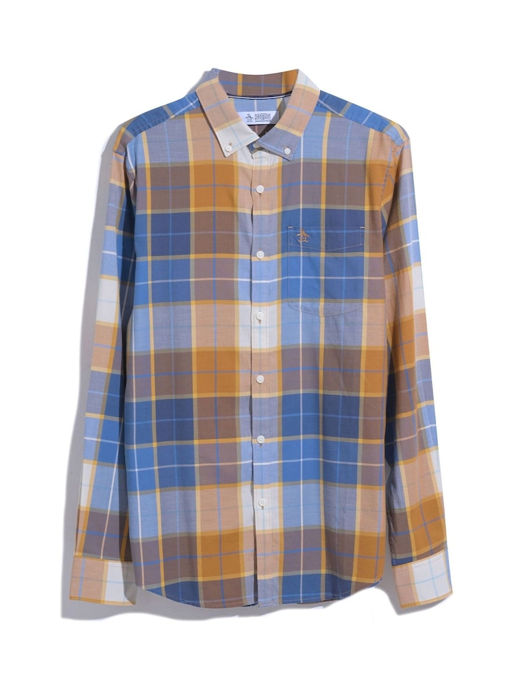 Original Penguin Plaid Cotton Blend Stretch Brown Shirt - Image 4 of 4