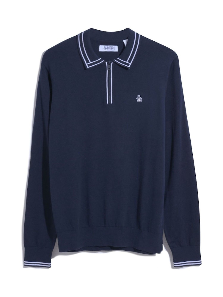 Original Penguin Blue Cashmere Like 100% Cotton Polo Neck Sweater - Image 4 of 4