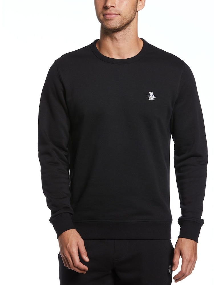 Original Penguin Sticker Pete Fleece Crew Neck Black Sweatshirt - Image 1 of 3